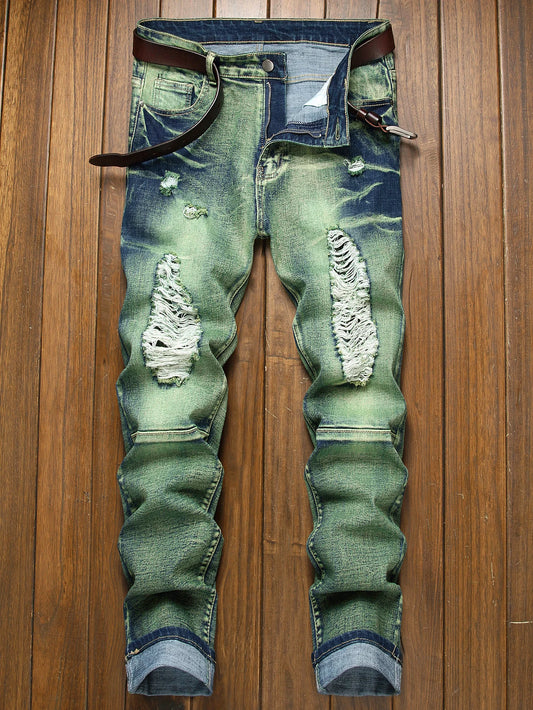 Mid Stretch Slim Fit Jeans For Men Distressed Tassels Denim