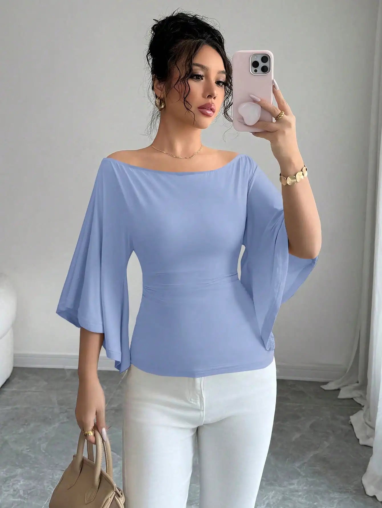 Women Solid Boat Neck Fitted Flare Sleeve Knit Top