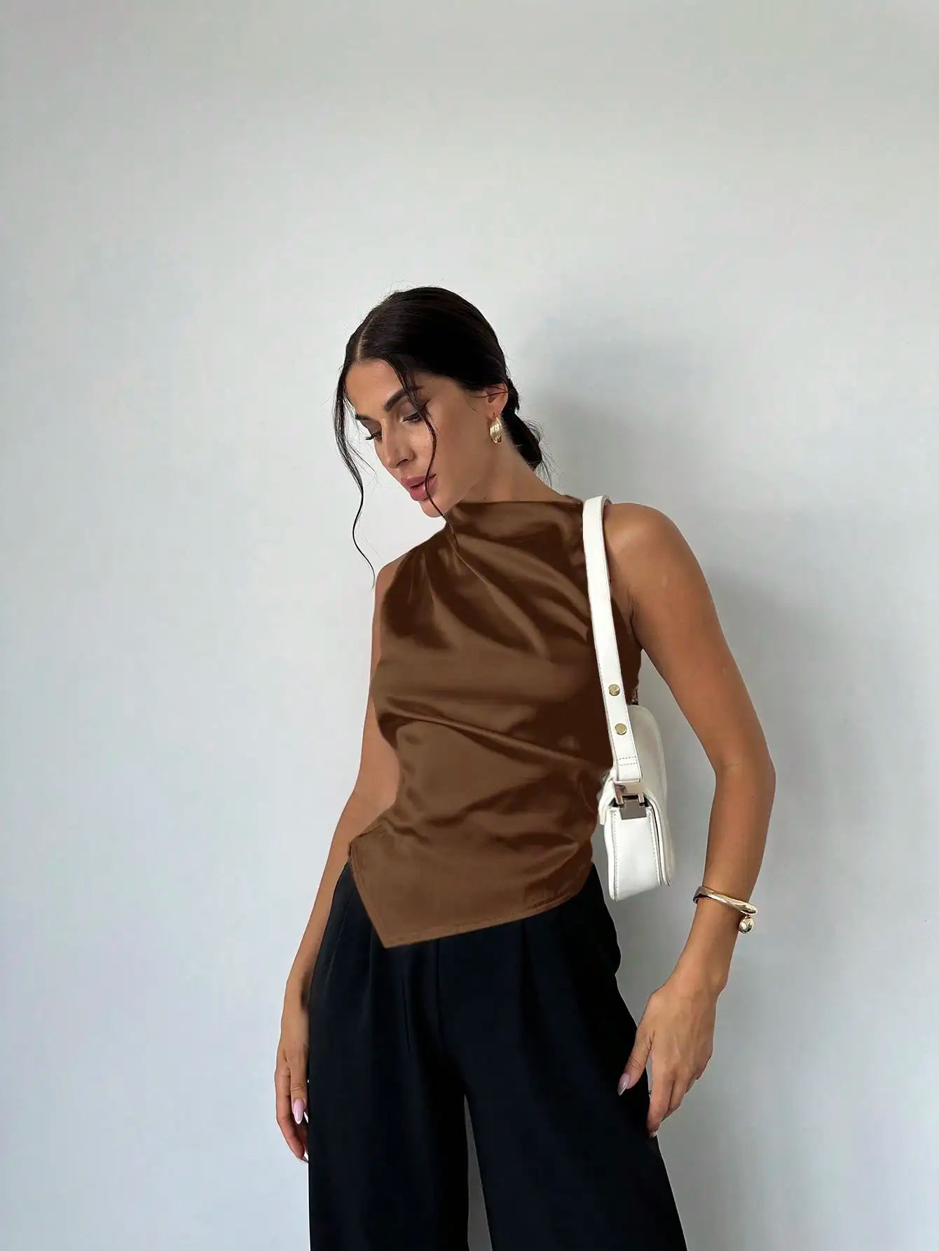 Elegant Satin Sleeveless Blouse With Pleated Collar Asymmetrical Hem