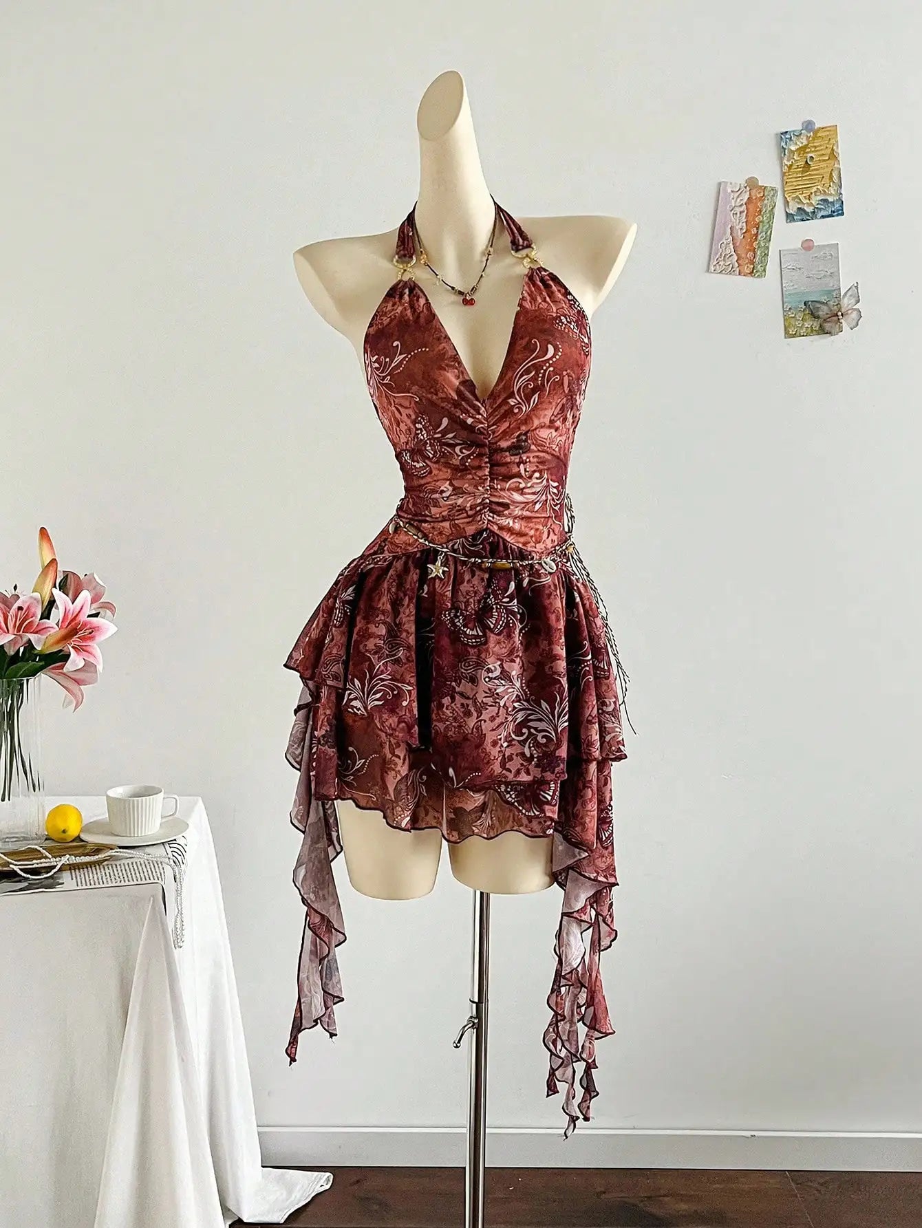 Romantic Halter Neck Ruffle Beach Cover Up Dress For Women