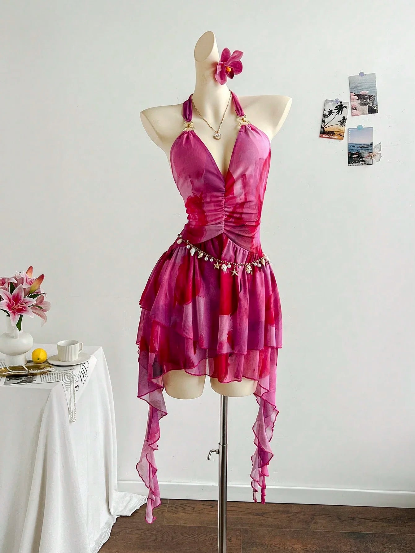 Romantic Halter Neck Ruffle Beach Cover Up Dress For Women