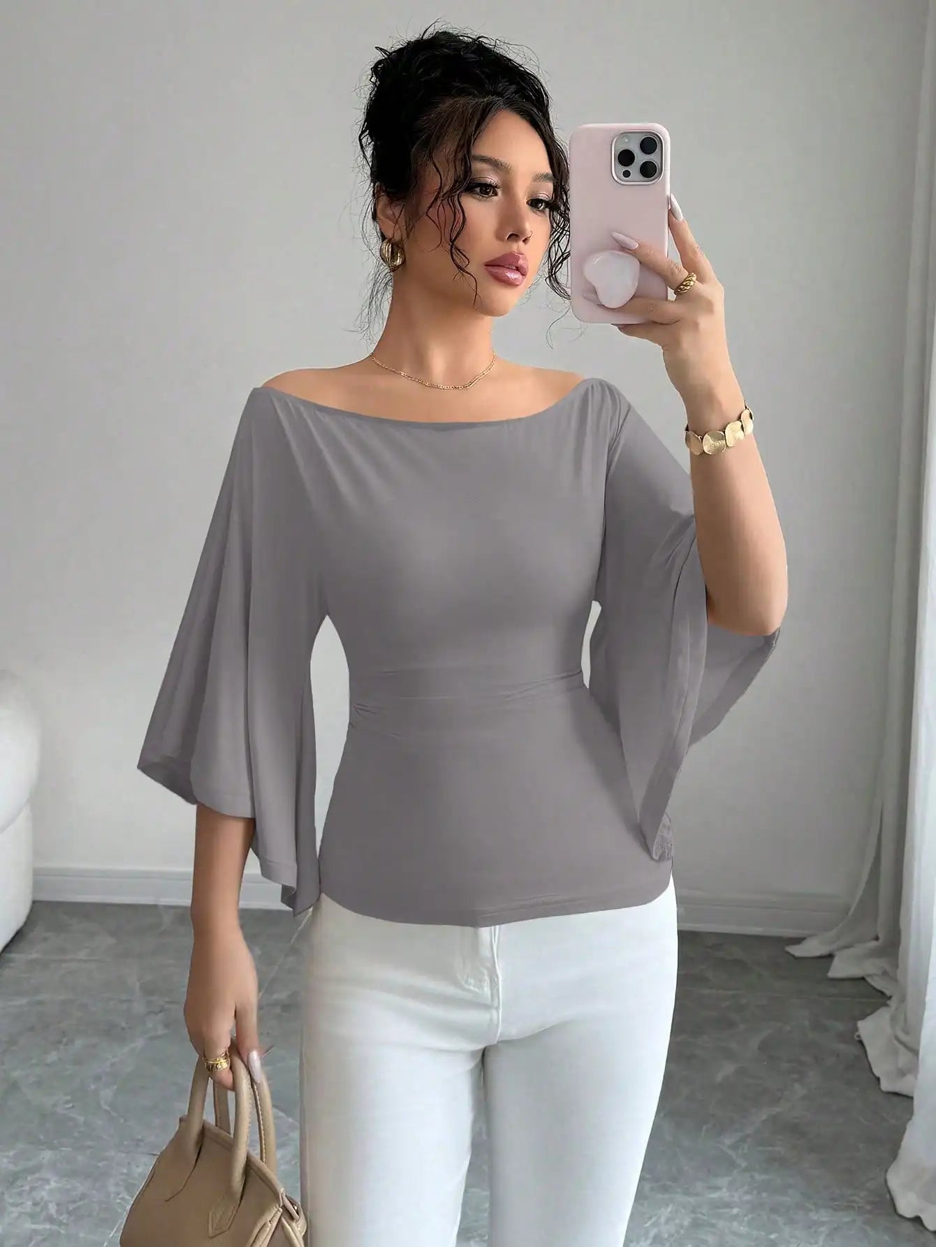 Women Solid Boat Neck Fitted Flare Sleeve Knit Top