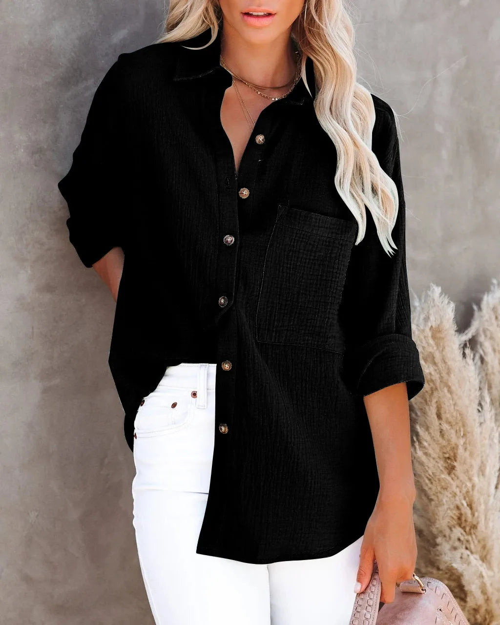 Women's Oversize Pocket Blouse Casual Long Sleeve Shirt
