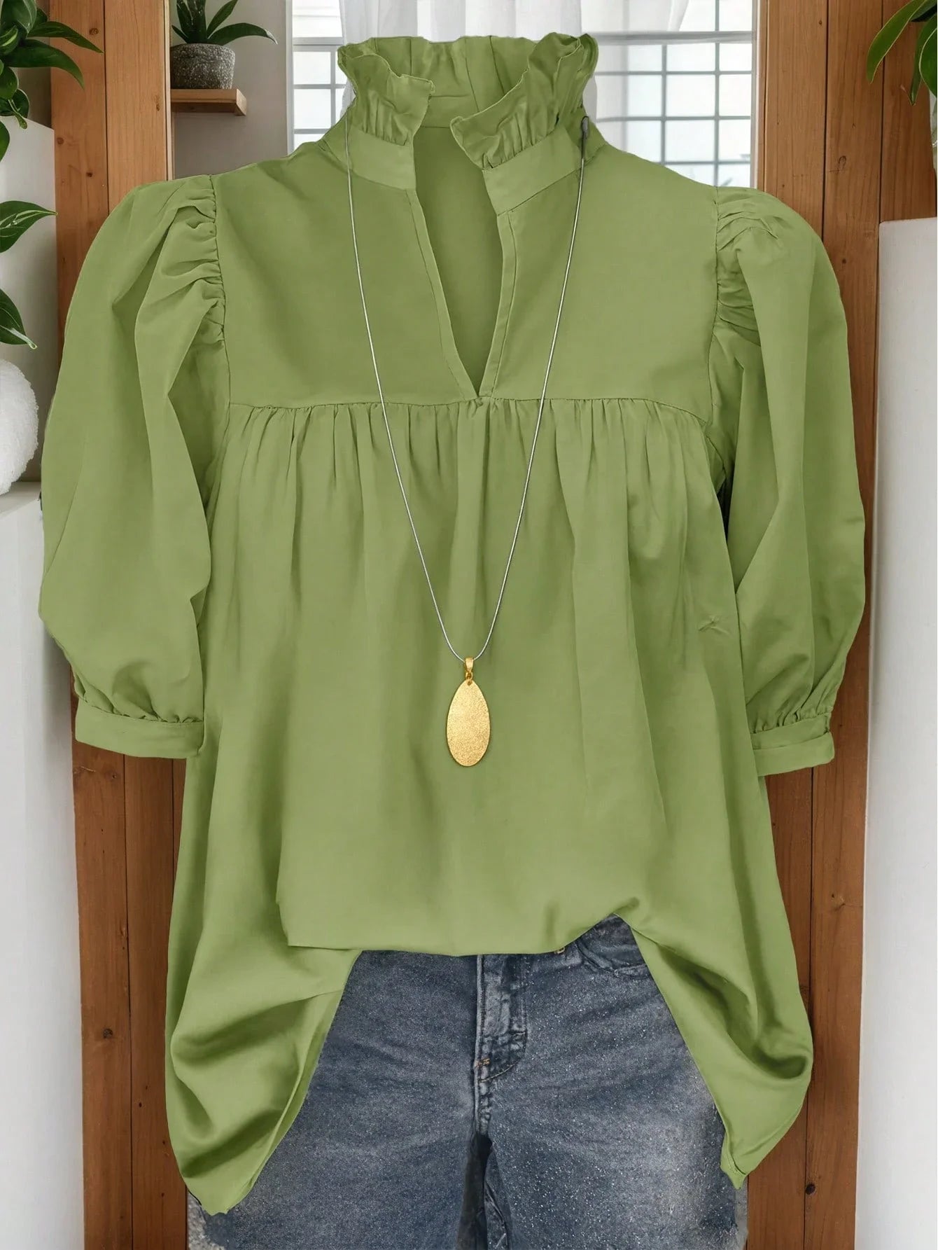 Puff Sleeve Blouse With Ruffled Collar