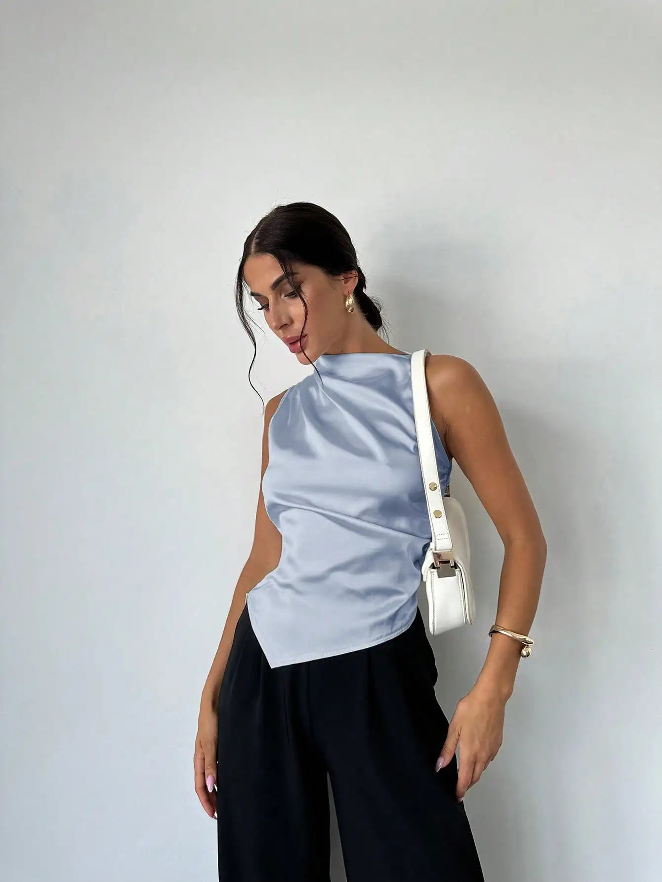 Elegant Satin Sleeveless Blouse With Pleated Collar Asymmetrical Hem
