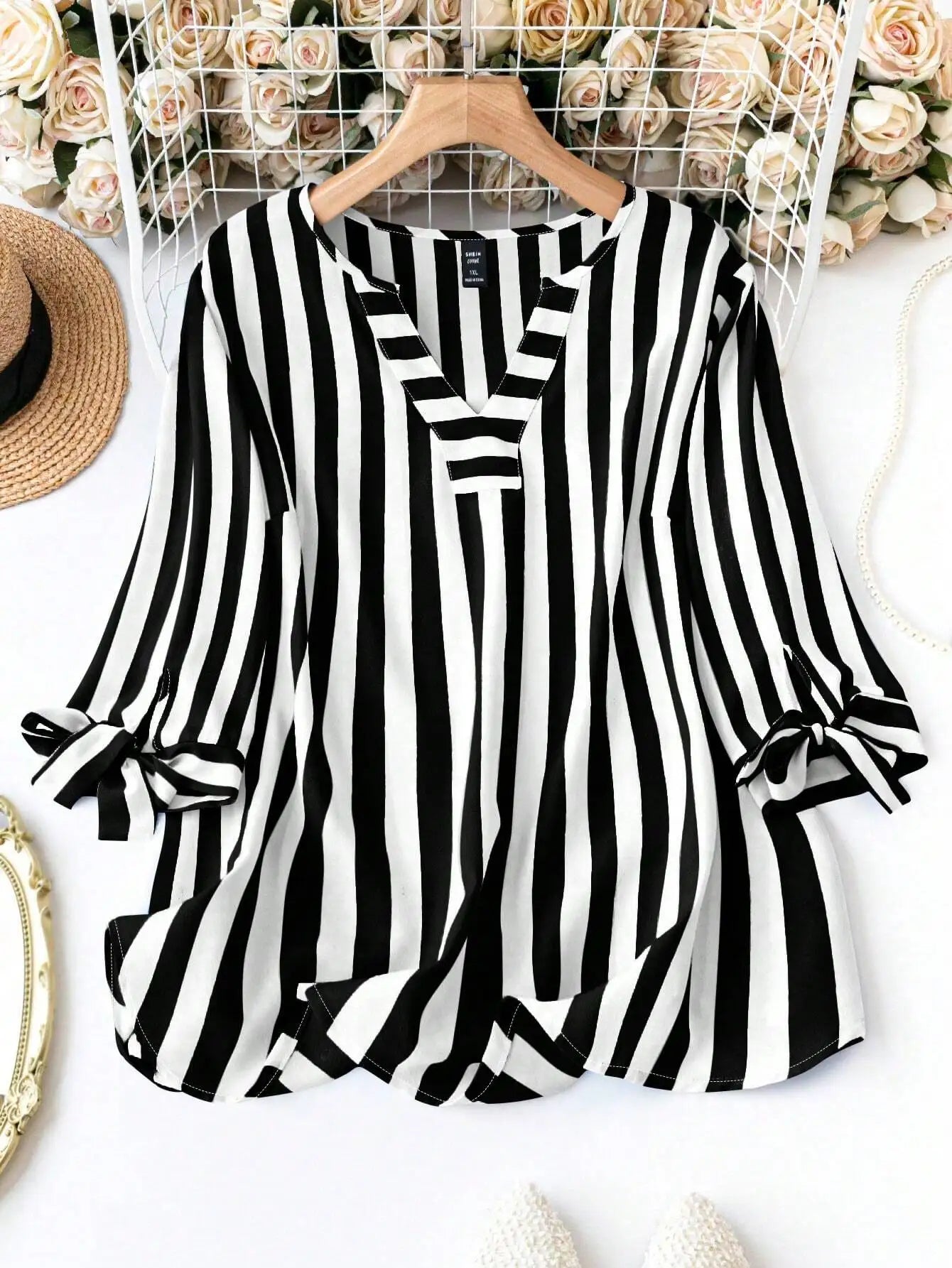 Women's Loose Striped Shirt With Notched V Neck Tie Front
