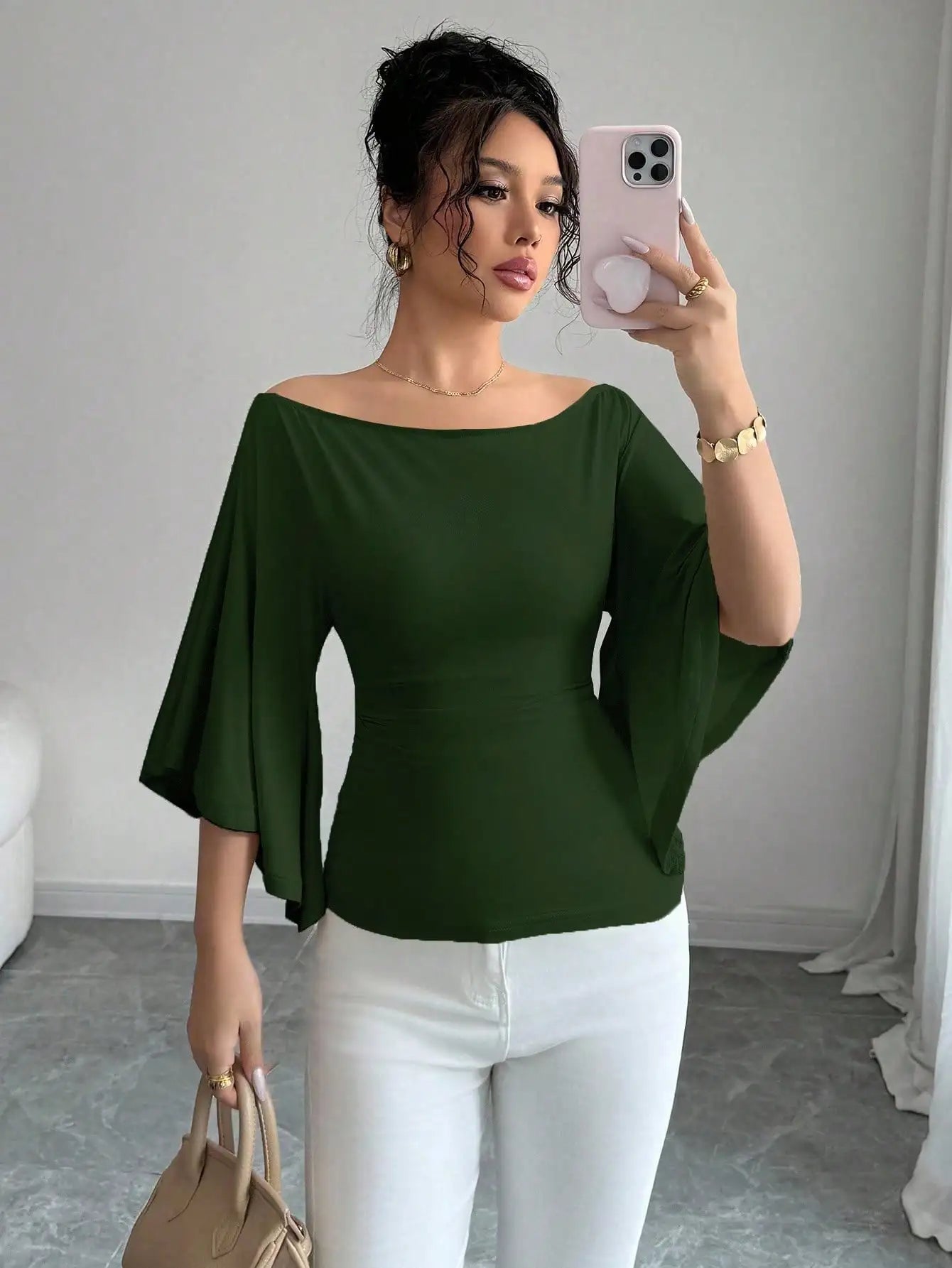 Women Solid Boat Neck Fitted Flare Sleeve Knit Top