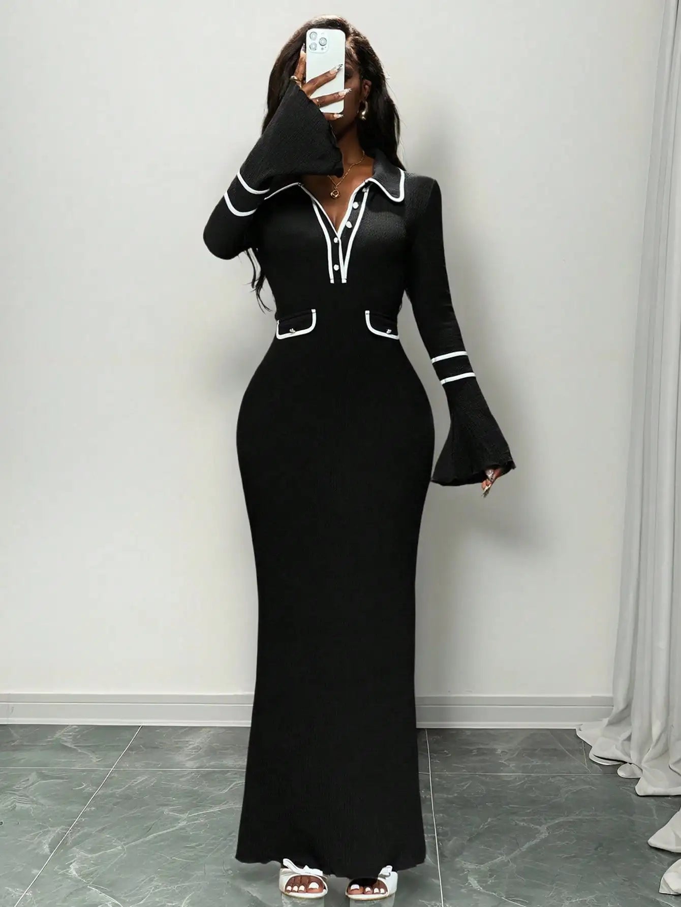 Textured Knit V-Neck Dress With Trim And Long Sleeve