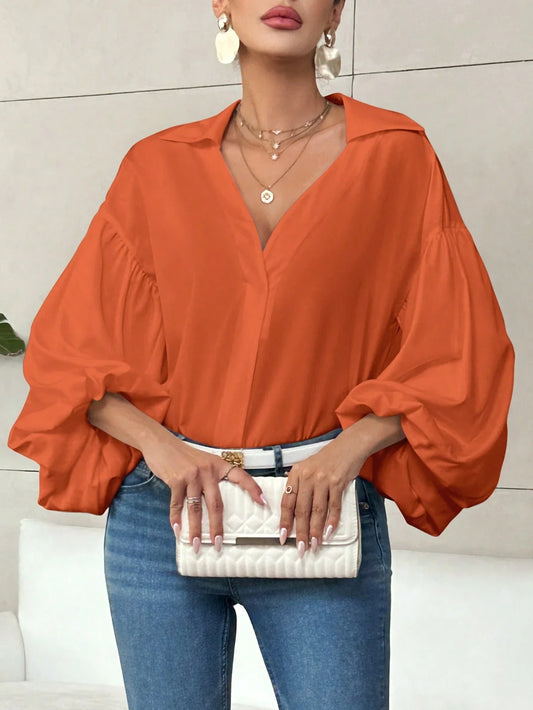 Women's V-Neck Lantern Sleeve Blouse For Office