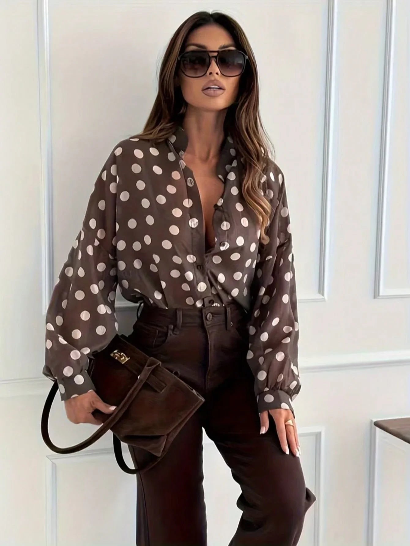 Polka Dot Blouse For Women Stand Collar Long Sleeve Shirt