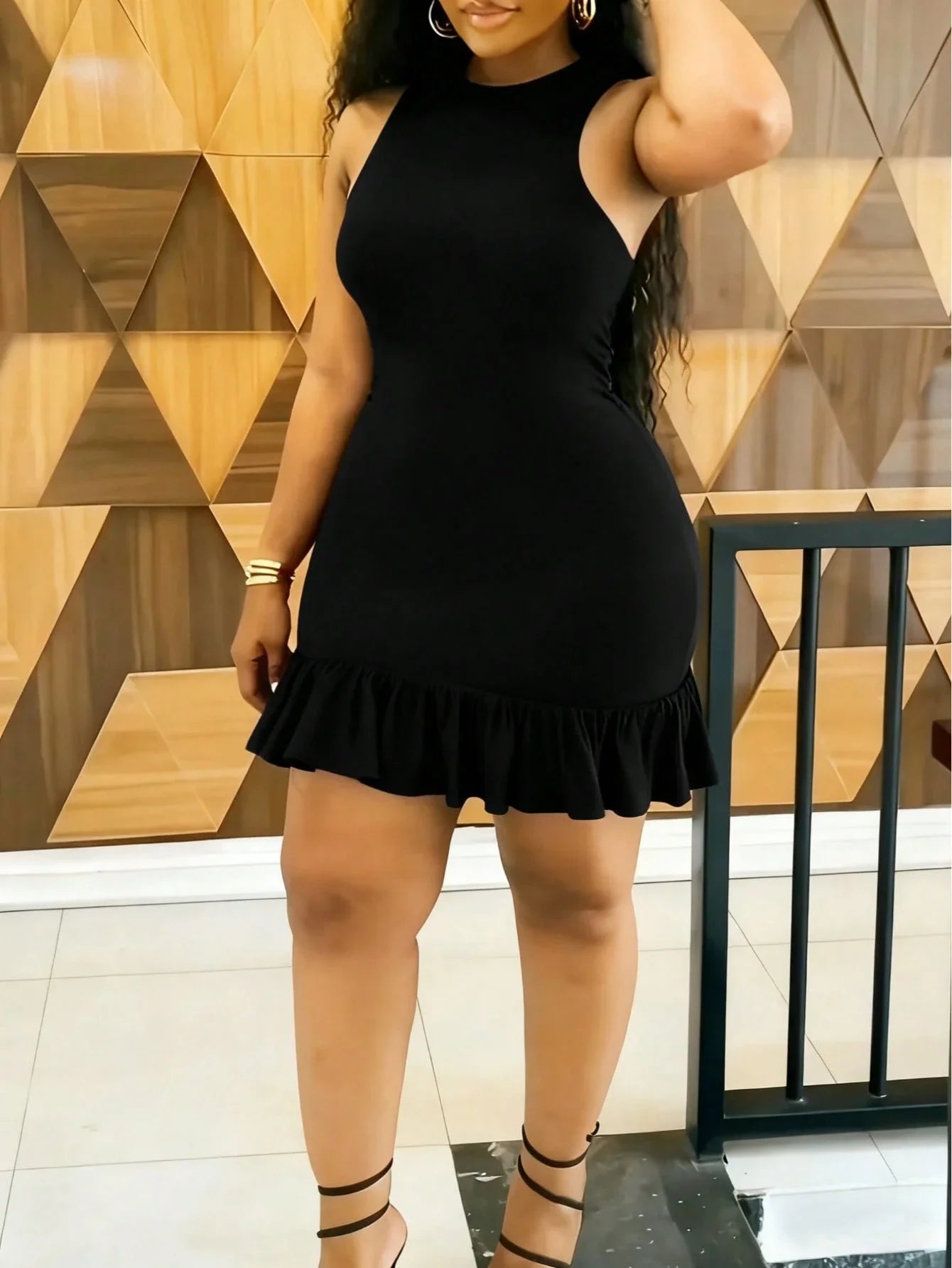 Ruffle Hem Sleeveless Fitted Dress For Women Round Neck
