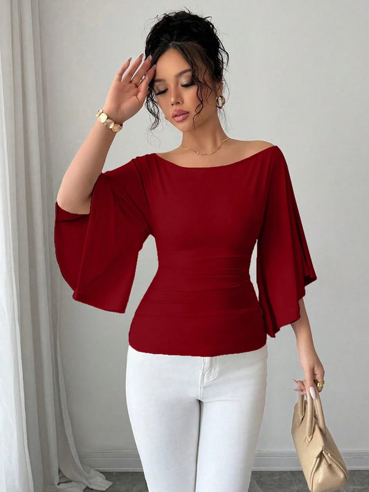 Women Solid Boat Neck Fitted Flare Sleeve Knit Top