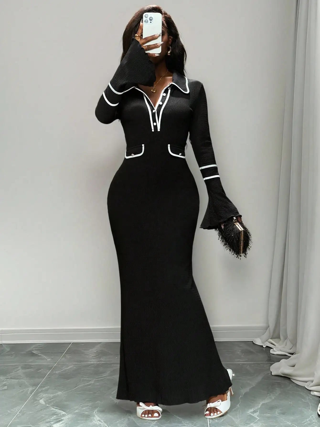 Textured Knit V-Neck Dress With Trim And Long Sleeve