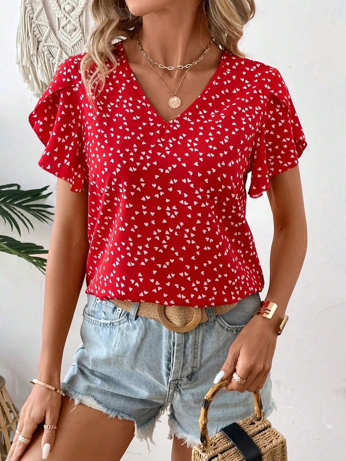 Emery Rose Women's Printed Petal Sleeve Blouse