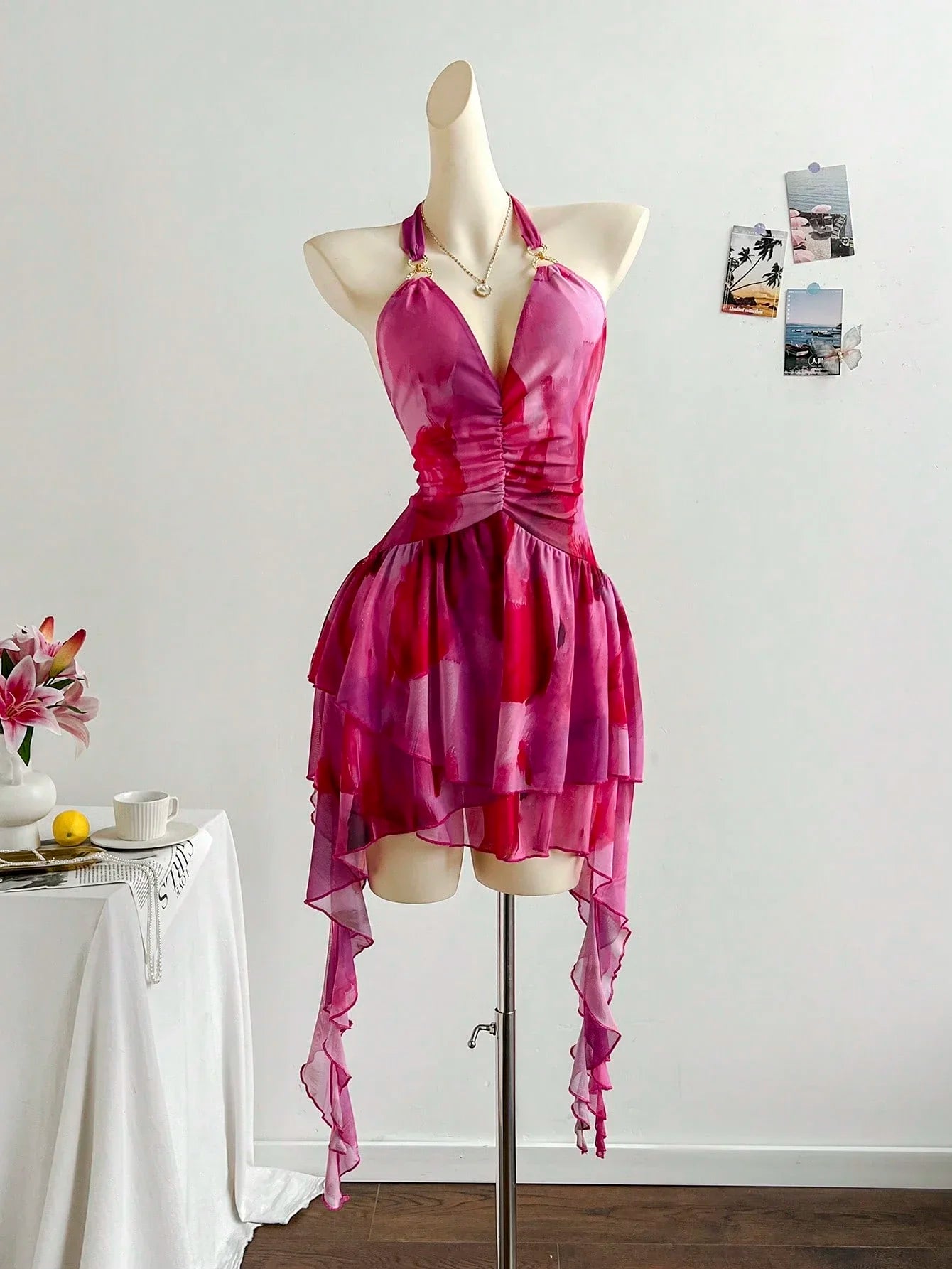 Romantic Halter Neck Ruffle Beach Cover Up Dress For Women