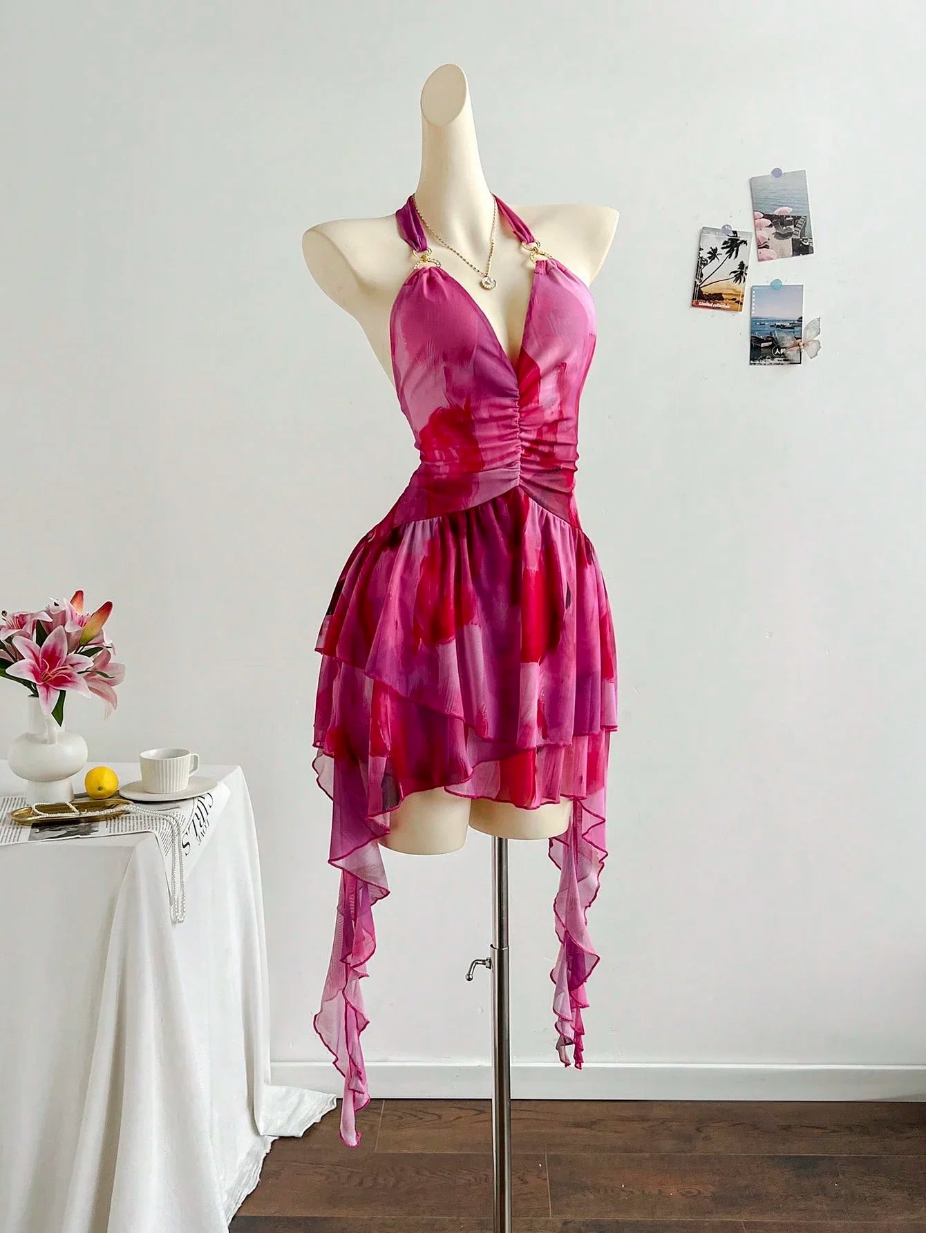 Romantic Halter Neck Ruffle Beach Cover Up Dress For Women