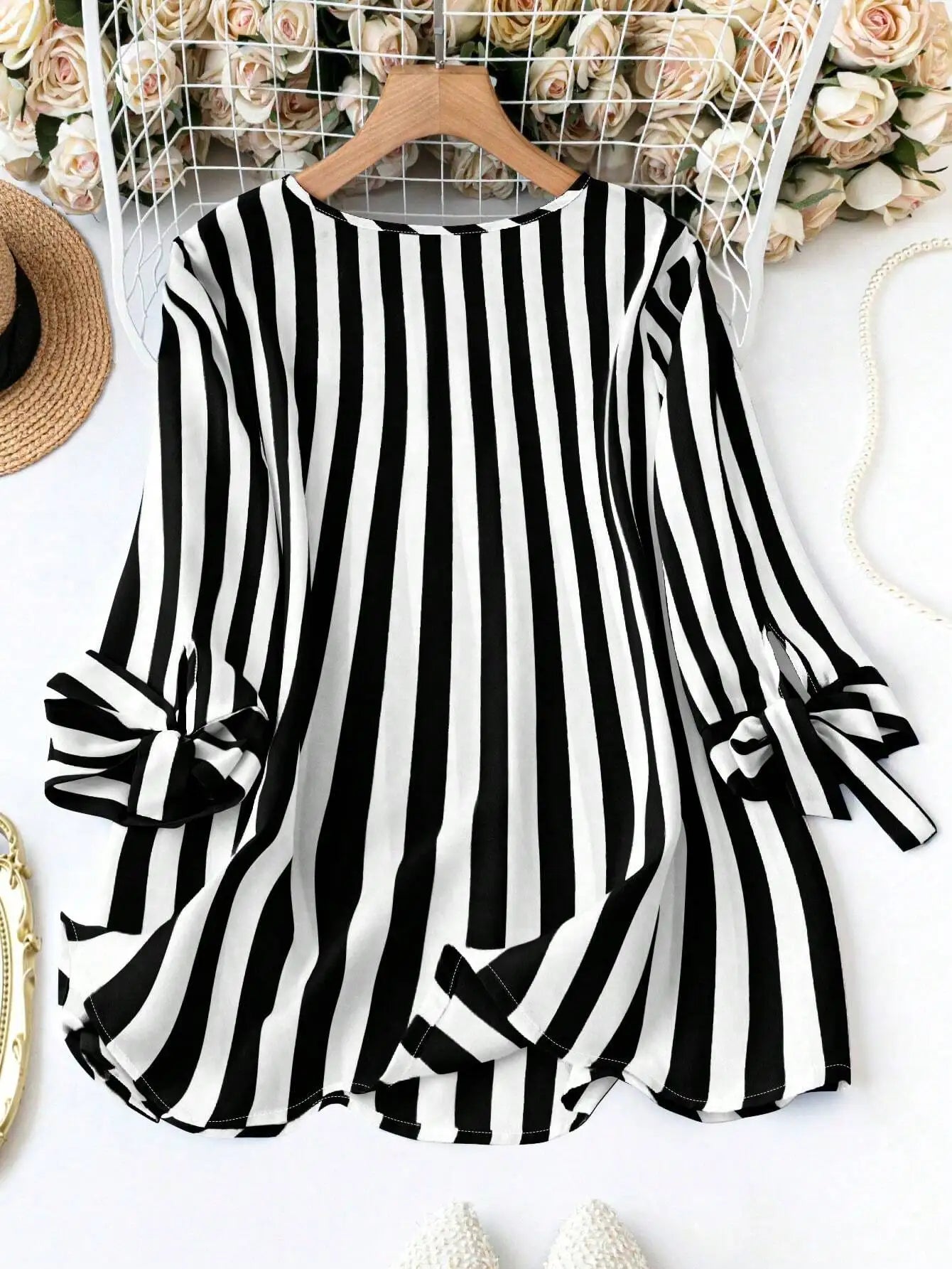 Women's Loose Striped Shirt With Notched V Neck Tie Front