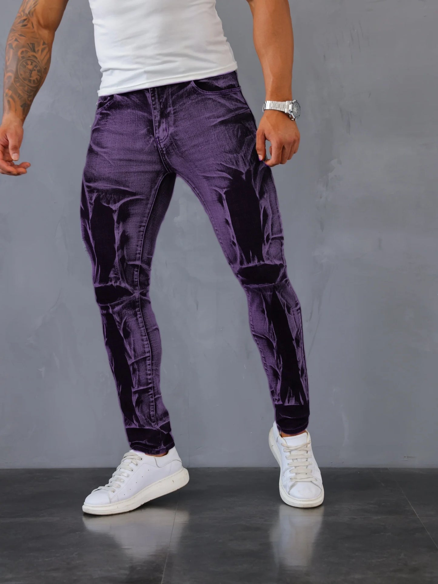 Men's Stretch Slim Fit Jeans Distressed Denim With Tassels