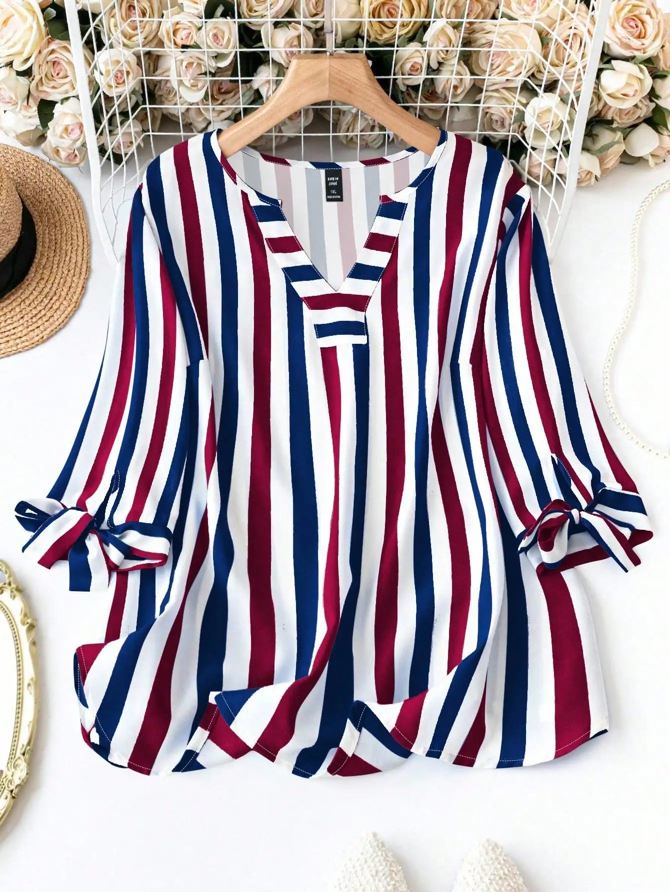 Women's Loose Striped Shirt With Notched V Neck Tie Front