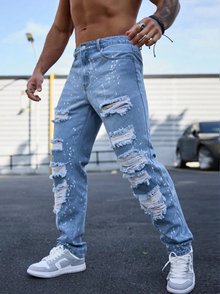 NONECN Men's Ink-Splattered Ripped Jeans, Street-Style Hip-Hop