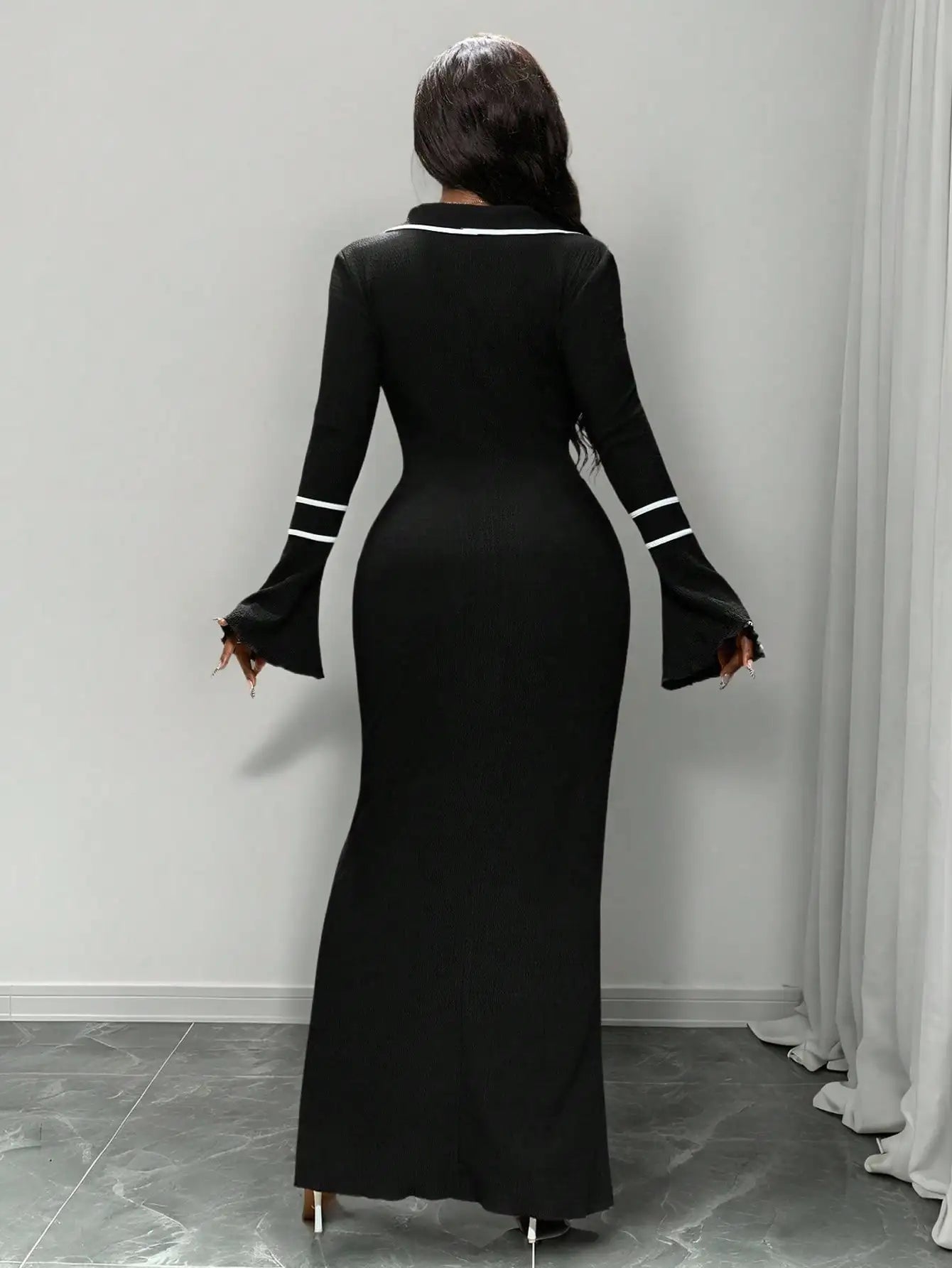 Textured Knit V-Neck Dress With Trim And Long Sleeve