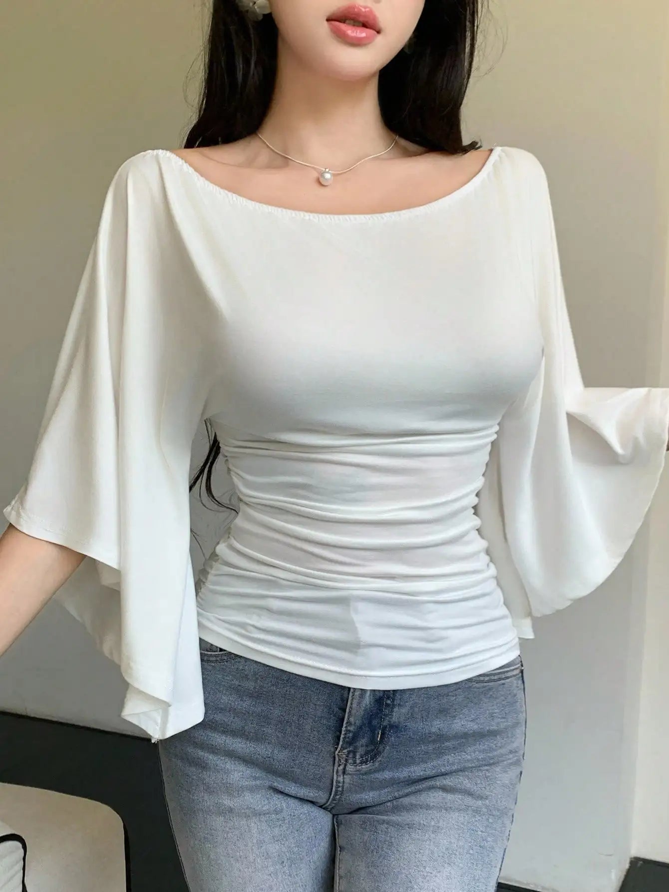 Women Solid Boat Neck Fitted Flare Sleeve Knit Top
