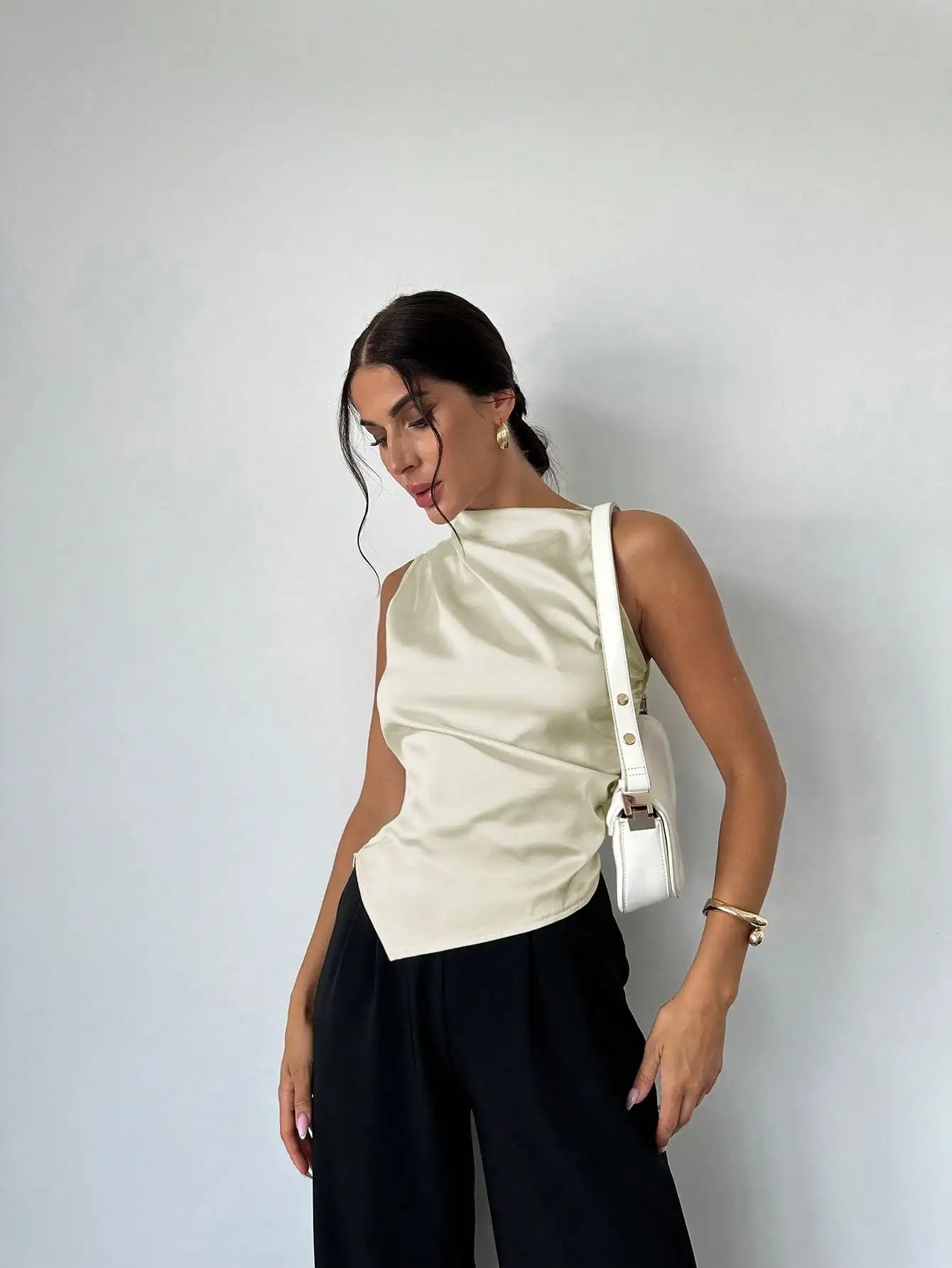 Elegant Satin Sleeveless Blouse With Pleated Collar Asymmetrical Hem