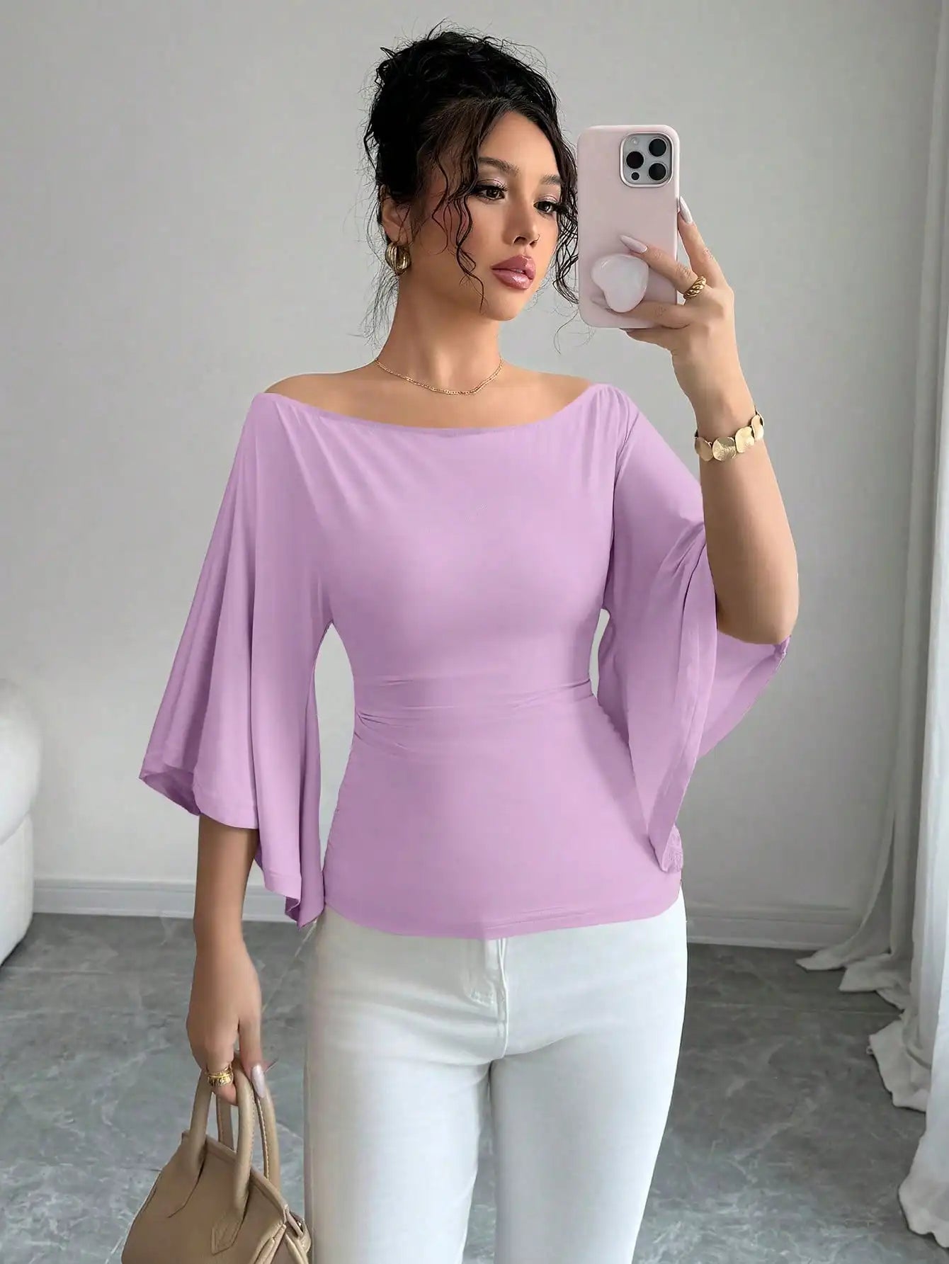 Women Solid Boat Neck Fitted Flare Sleeve Knit Top