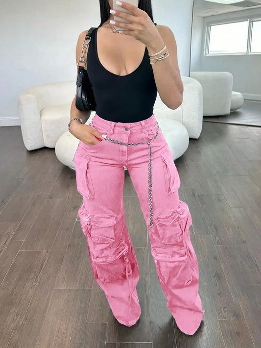 Women's Cargo Jeans, High-Rise Pear-Shaped Wide-Leg With Pockets