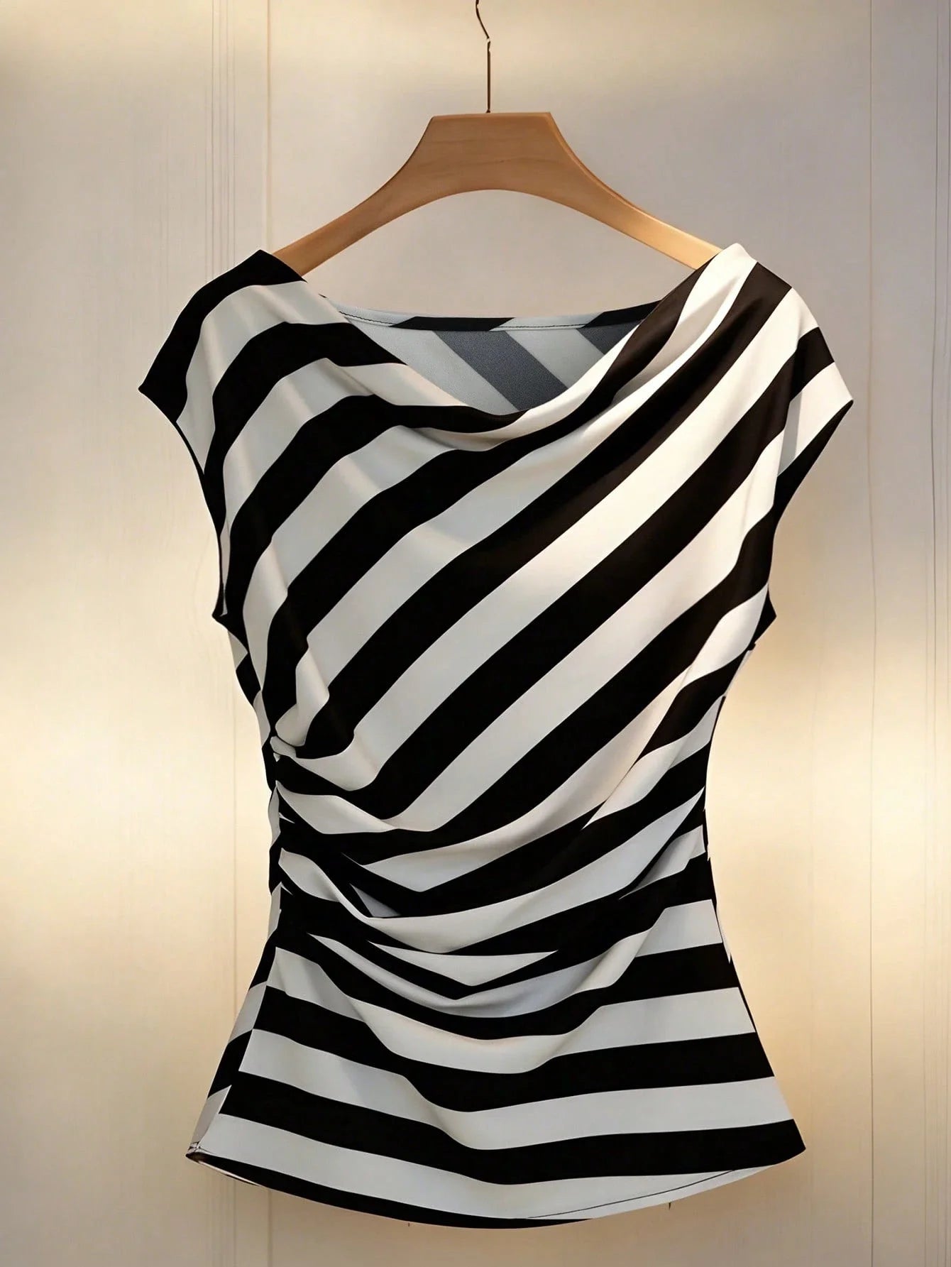 Elegant Striped Batwing Cap Sleeve Blouse With Cowl Neck