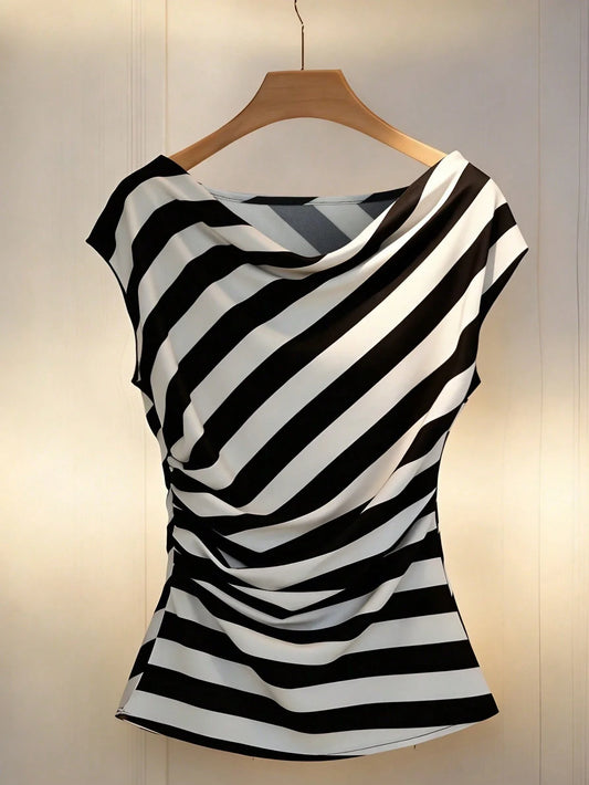 Elegant Striped Batwing Cap Sleeve Blouse With Cowl Neck