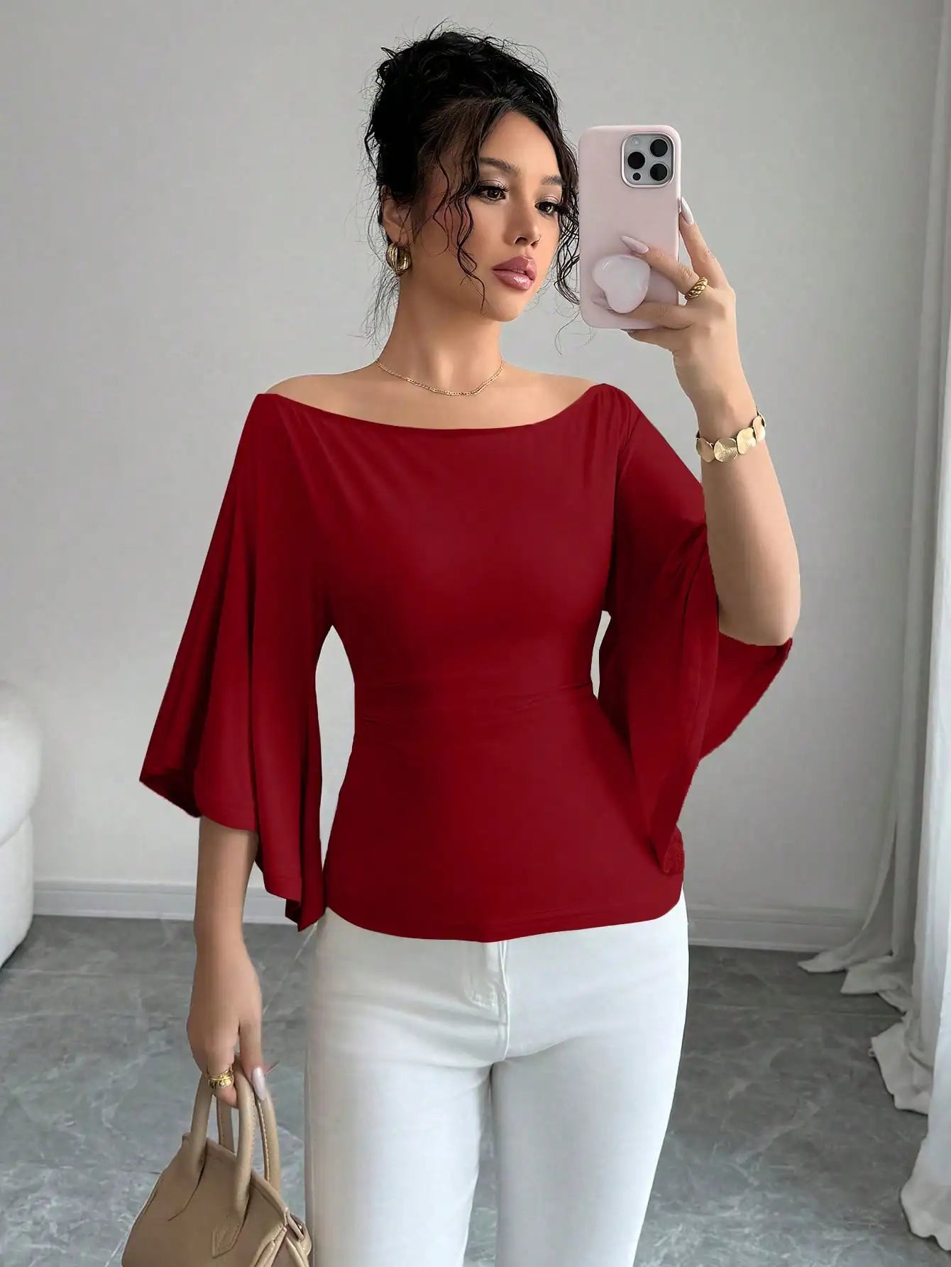 Women Solid Boat Neck Fitted Flare Sleeve Knit Top