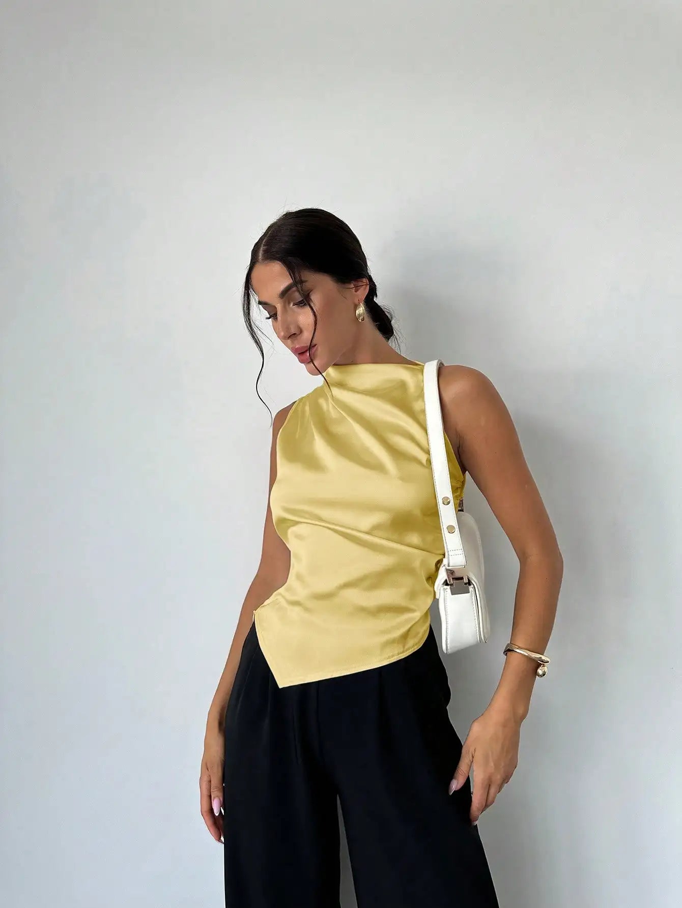 Elegant Satin Sleeveless Blouse With Pleated Collar Asymmetrical Hem