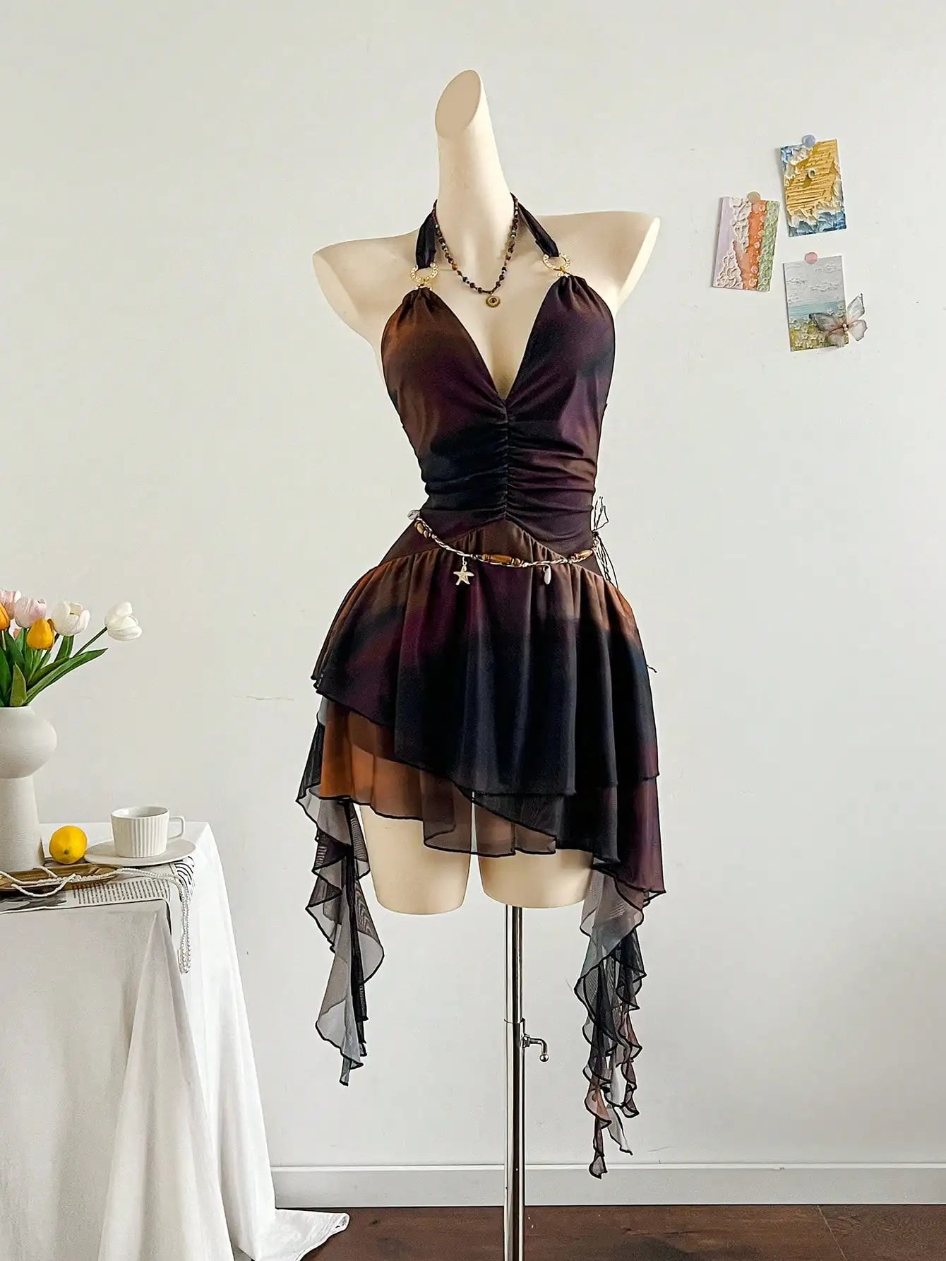 Romantic Halter Neck Ruffle Beach Cover Up Dress For Women