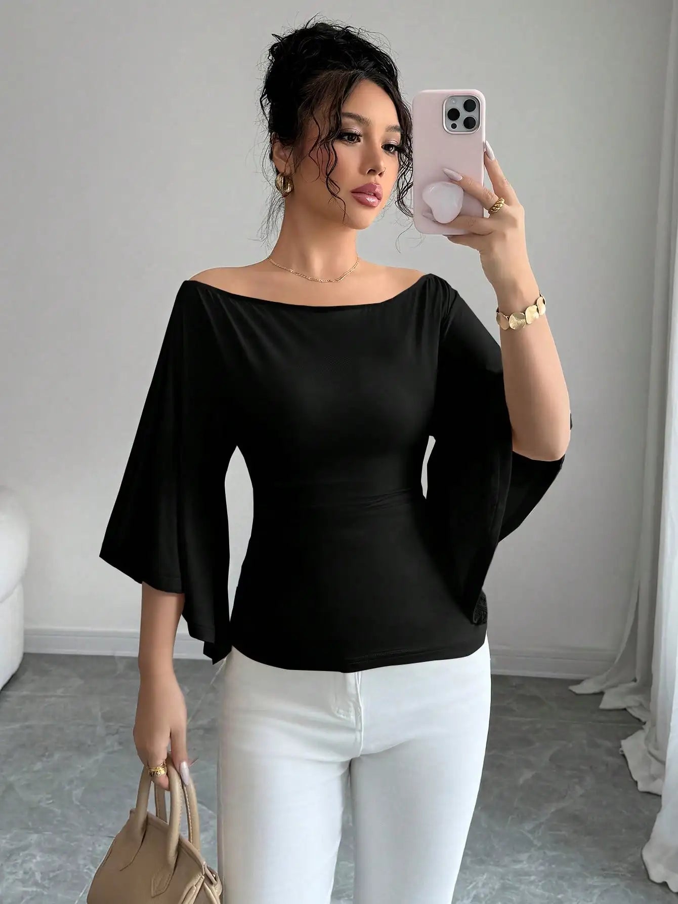 Women Solid Boat Neck Fitted Flare Sleeve Knit Top