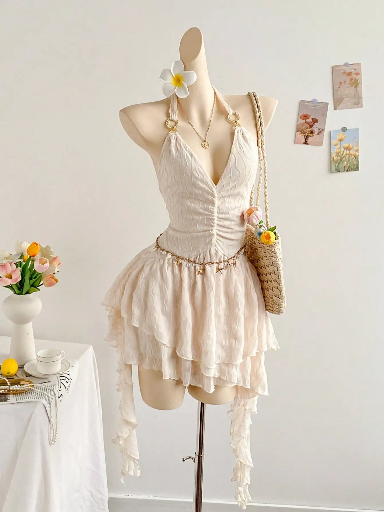 Romantic Halter Neck Ruffle Beach Cover Up Dress For Women