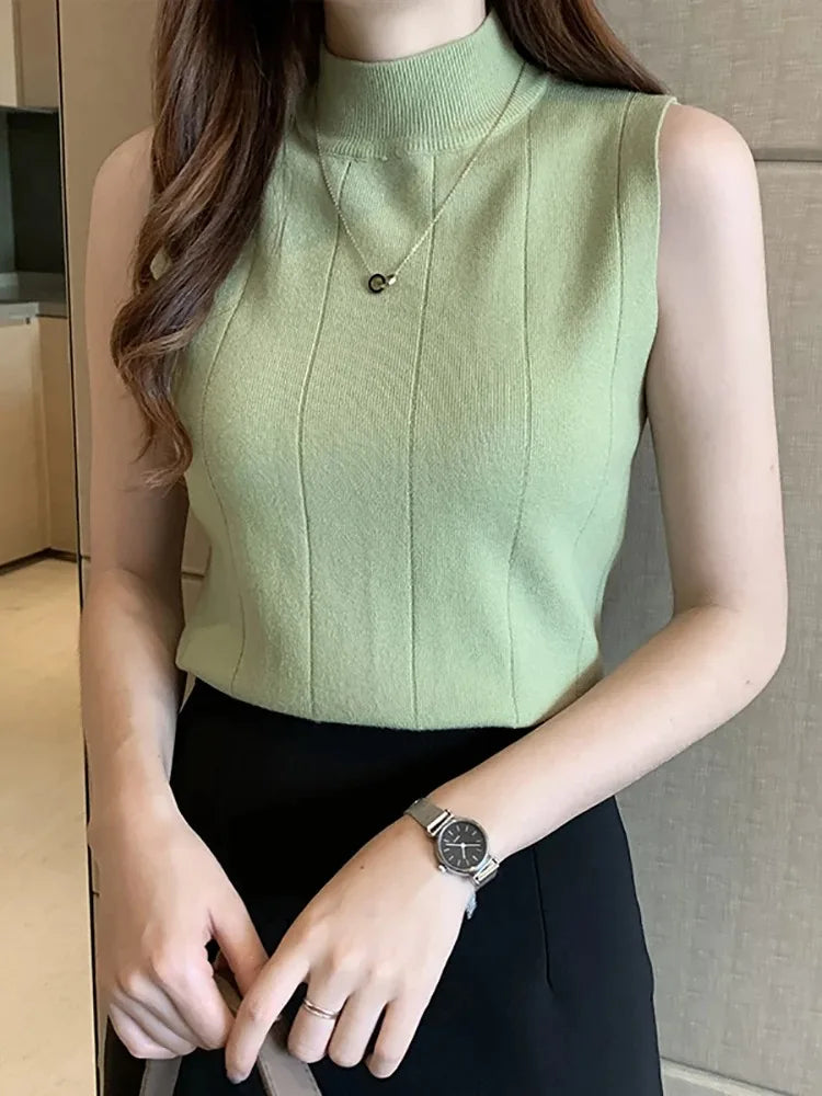 Korean Fashion Women Knit Sleeveless Blouse Solid Top