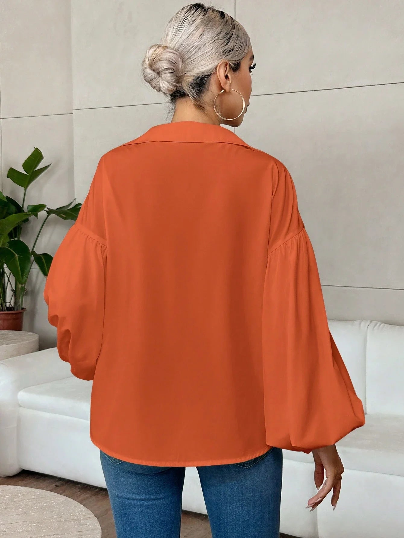 Women's V-Neck Lantern Sleeve Blouse For Office