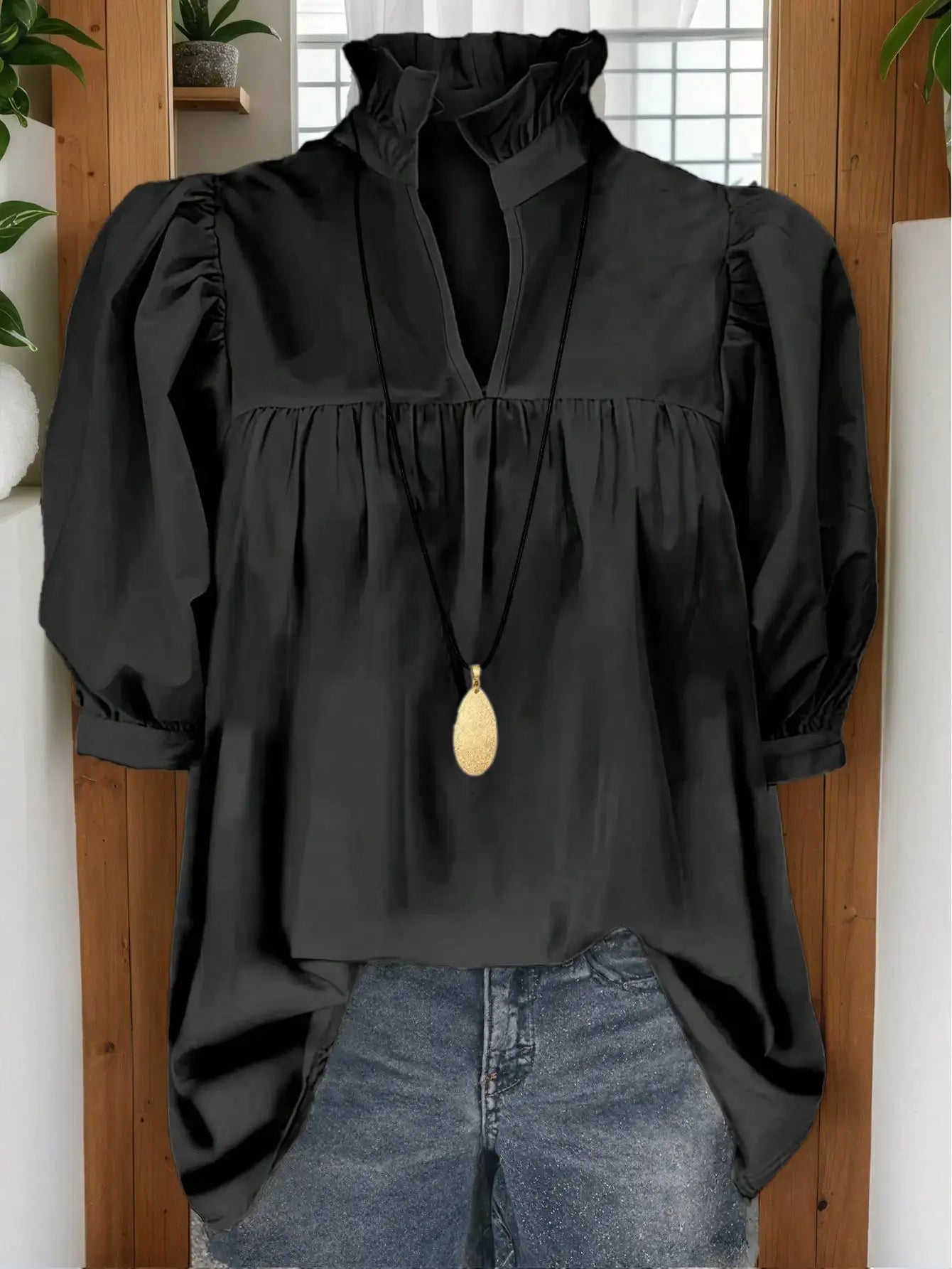 Puff Sleeve Blouse With Ruffled Collar