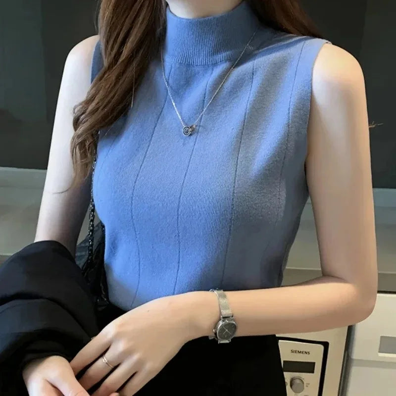 Korean Fashion Women Knit Sleeveless Blouse Solid Top